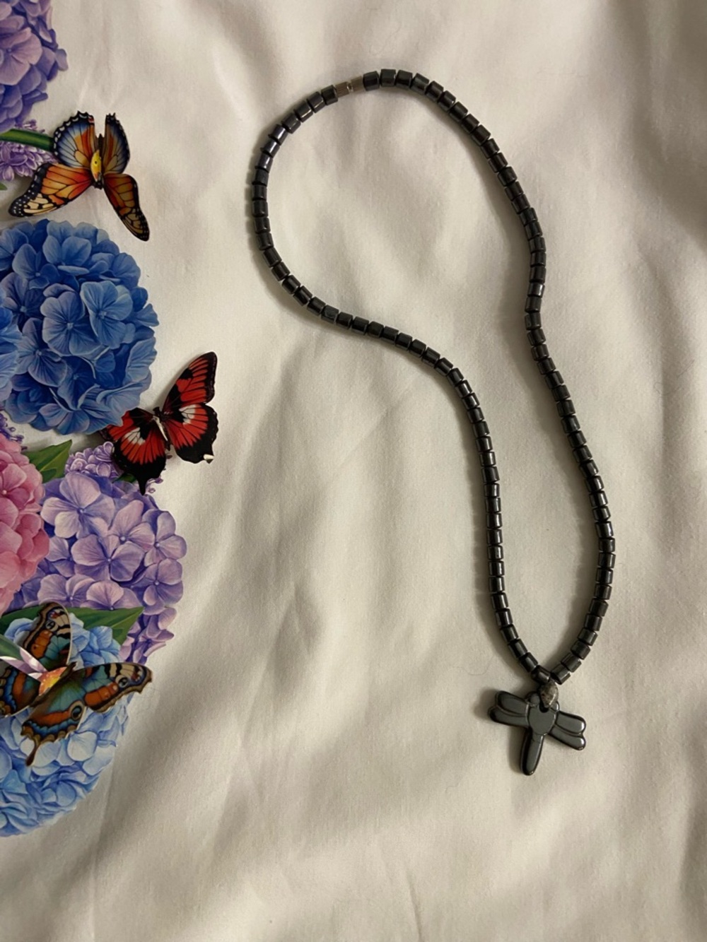 Polished Gunmetal Gray Hematite Dragonfly Pendant Necklace 16”